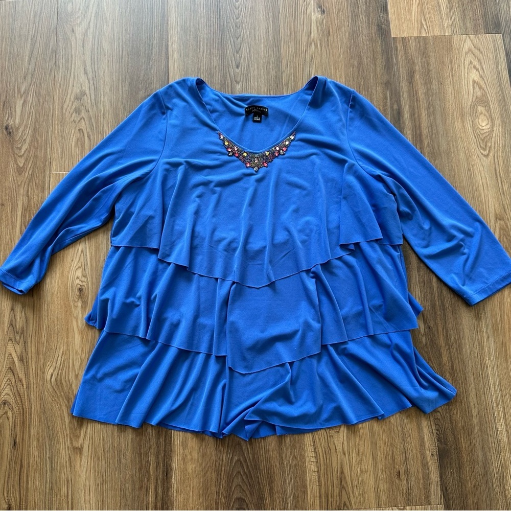 Susan Graver 3/4 Sleeve Tiered Ruffle Blouse Large Blue‎ Jewel Liquid Knit Shirt